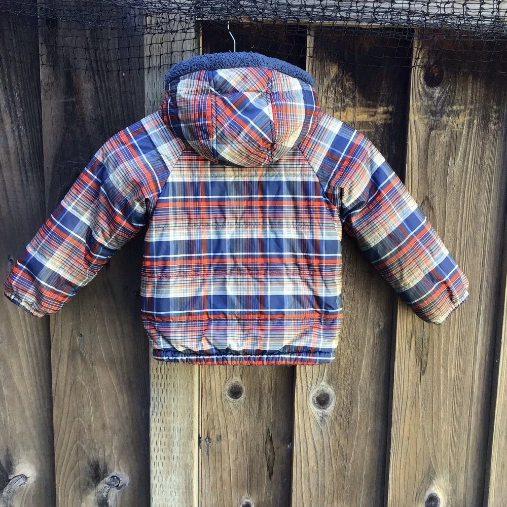 Patagonia Reversible Fleece Hooded Jacket Kids Plaid Blue Youth Toddler